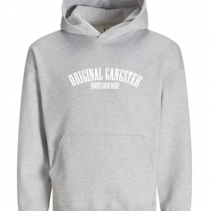 Original Gangster Ultra Heavy Bio Hoodie Unisex ohne Kordeln Grau mit weißer Schrift